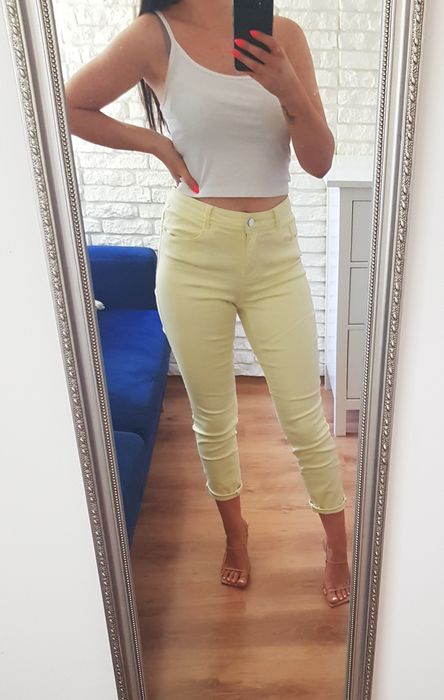 Spodnie rurki żółte cytrynowe obcisłe wysoki stan kieszenie M 38