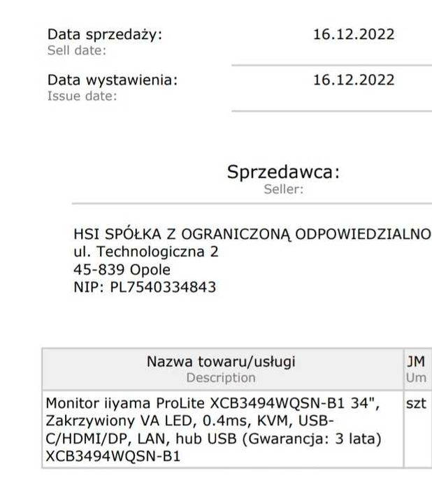 iiyama 34" UWQHD 120Hz USB-C KVM LAN XCB3494WQSN jak nowy