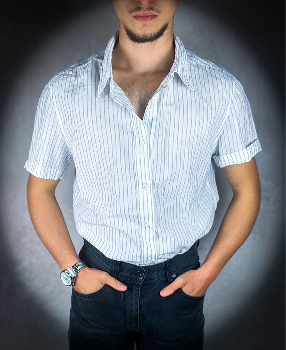 (L) Hugo Boss Nowa Biała Męska Koszula w Paski z Krótkim Rękawem