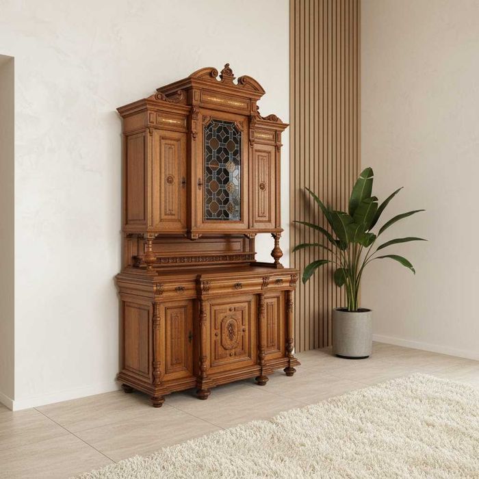 Antyk Wysoki KREDENS drewniany zdobiony KREDENS DĘBOWY Witraż lata 20.