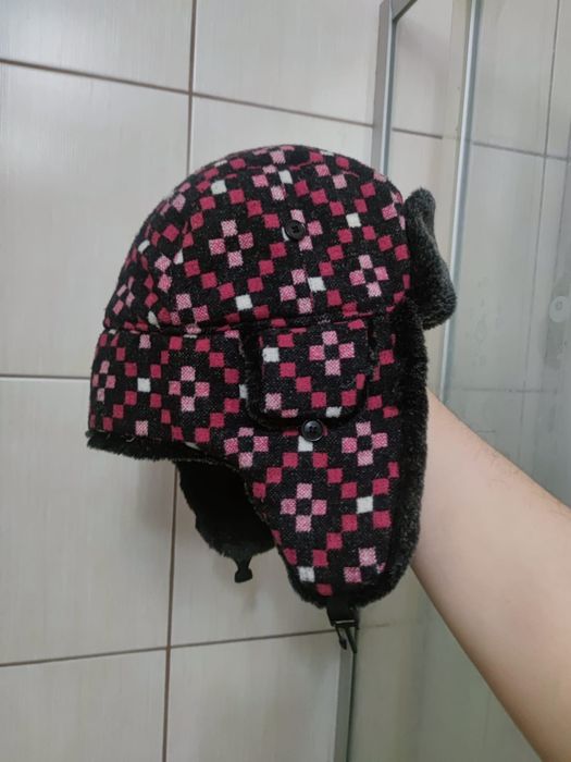 czapka uszatka traperka zimowa damska dziecięca wzór geometryczny romb