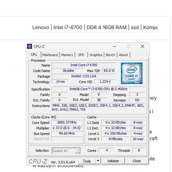 Komputer Lenovo i7 | Gotowy do pracy | Windows 11 | SSD | Wi-Fi | Bluetooth |