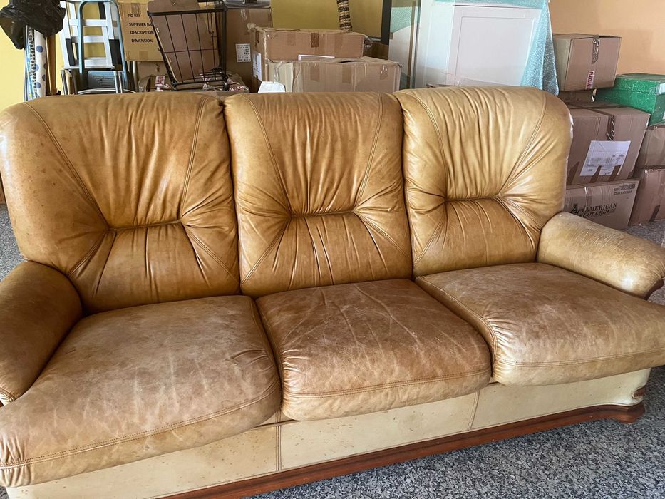 Conjunto de sofás em pele genuína castanha – Sofá de 3 lugares + 2 cadeirões