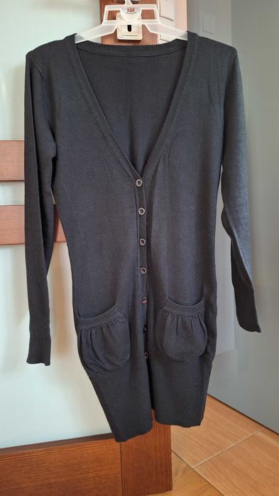 Sweter M damski czarny 80cm na guziki dłuższy