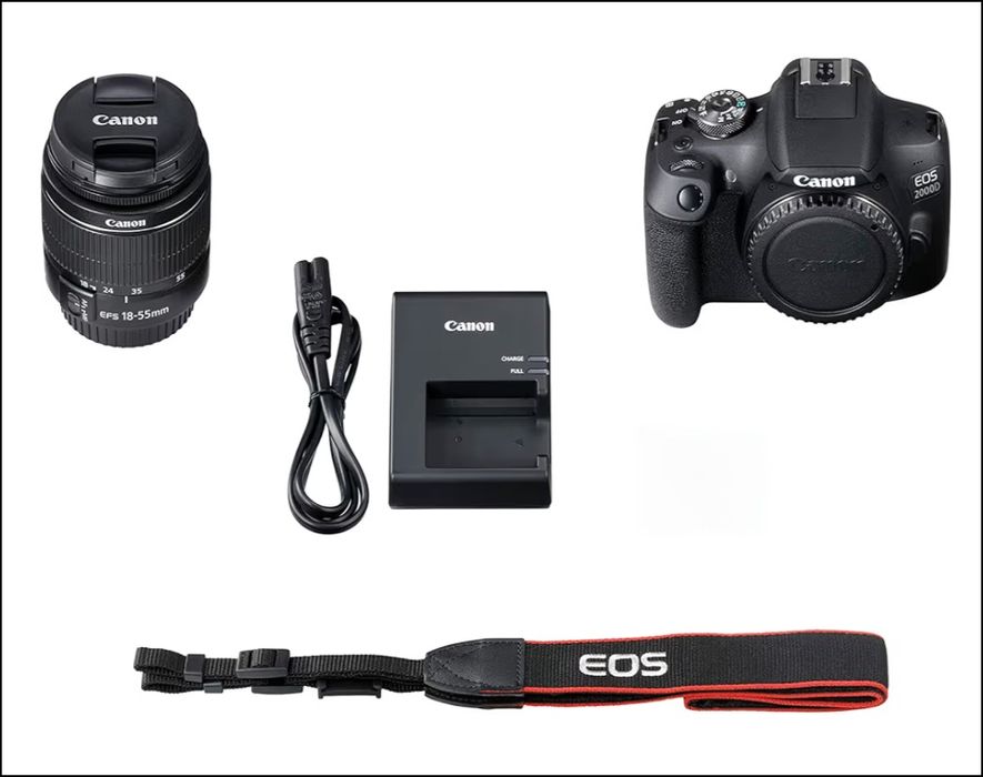 Câmara fotográfica Canon EOS 2000d em caixa.