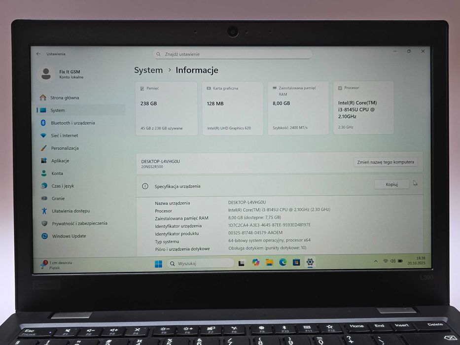 Laptop Lenovo L390 13" i3 8th gen DOTYKOWY! ŁADOWARKA! GWARANCJA!
