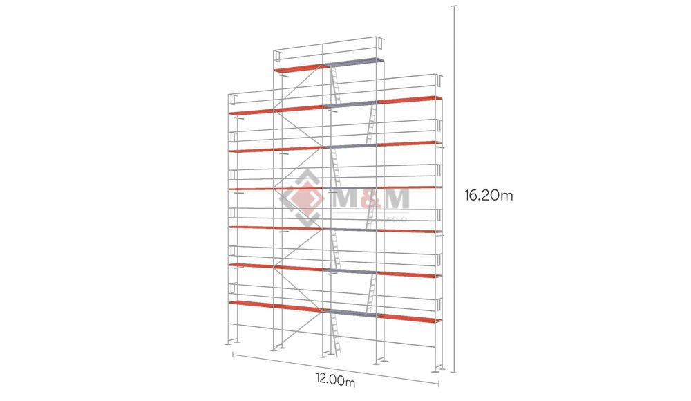 Rusztowanie szczytowe 12 x 16,2 m Ramy stalowe 2m podest drewniany 3m