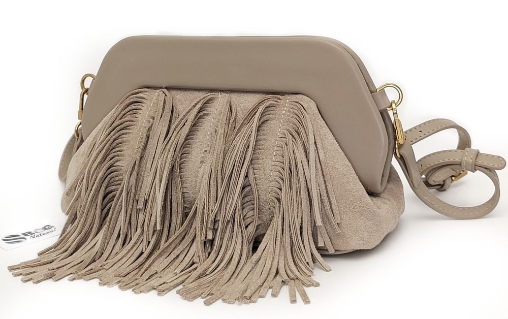 TOREBKA Listonoszka Kopertówka EKO Zamsz Frędzle Taupe 2w1 MODNA