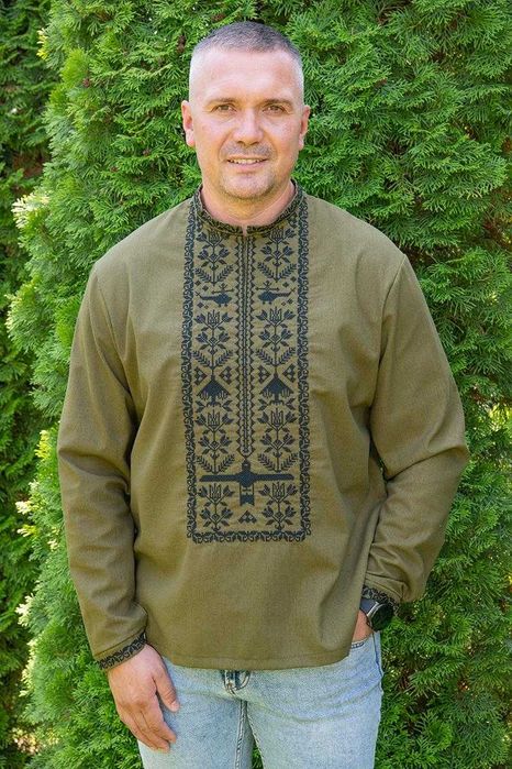 М-5ХЛ Вышиванка льняная мужская хаки, лен