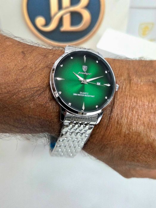 Relógio Poedagar masculino – Mostrador verde – Aço inoxidável – Day/Date
