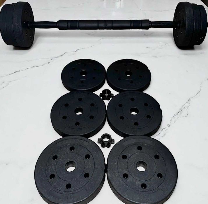 Zestaw 30kg - 2w1 - Hantle hantelki regulowane + Sztanga - 15kg x2 bitumiczne