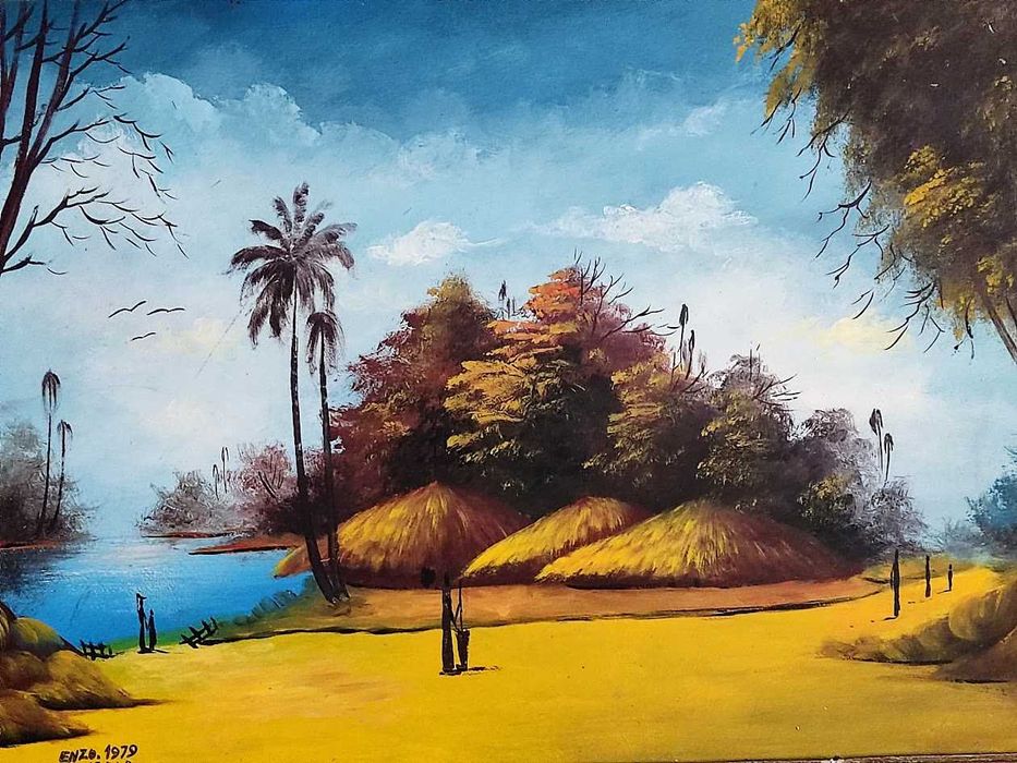 Pintura Angola 1979 emoldurada e assinada por Enzo