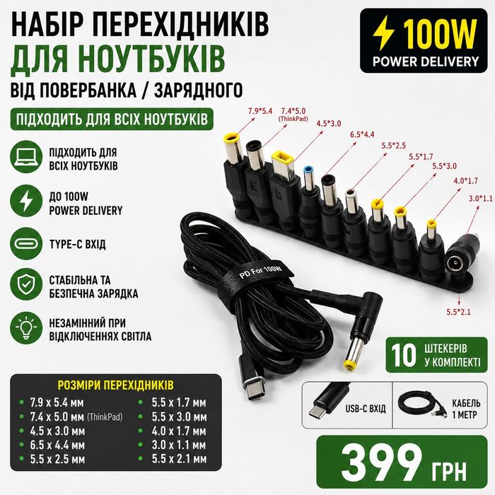 Кабель для ноутбука від повербанка USB C PD 100W 10 насадок