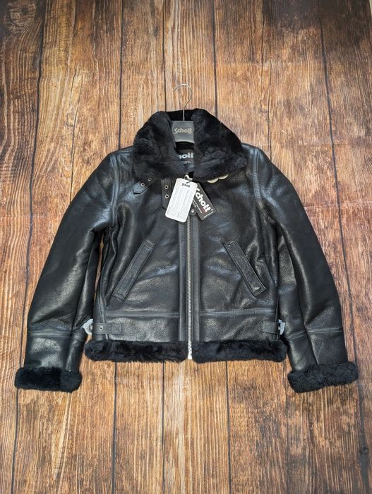 Czarna kurtka skórzana Schott shearling sheepskin owcza pilotka b3