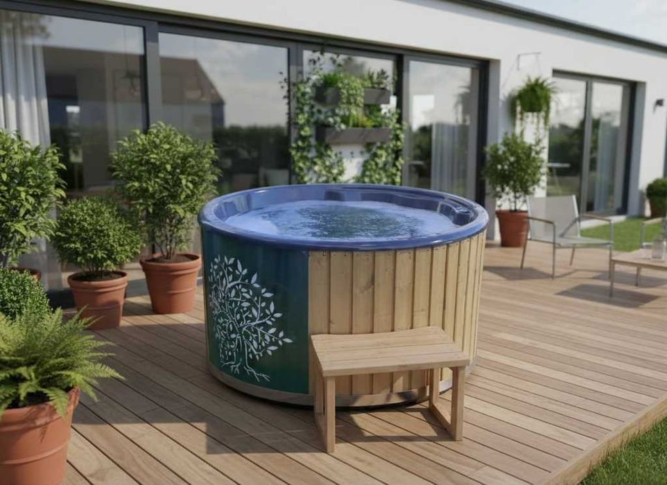 Mobilna sauna z jacuzzi piecem schodki balia basen transport