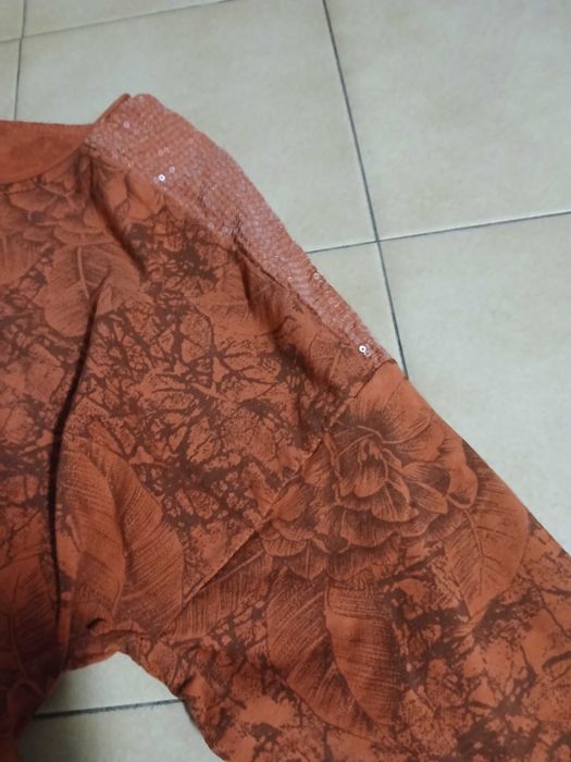 Blusa de manga comprida, cor de tijolo, com lantejoulas nos ombros (deve vestir M)