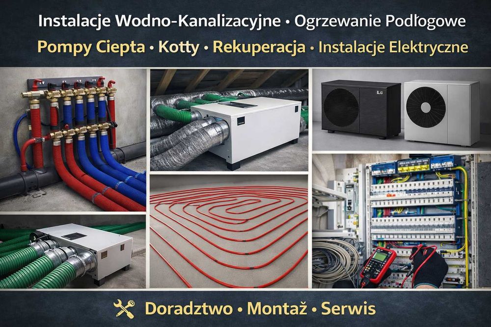 Instalacja–ogrzewania CO, hydraulika WOD KAN elektryczna, podłogówka,