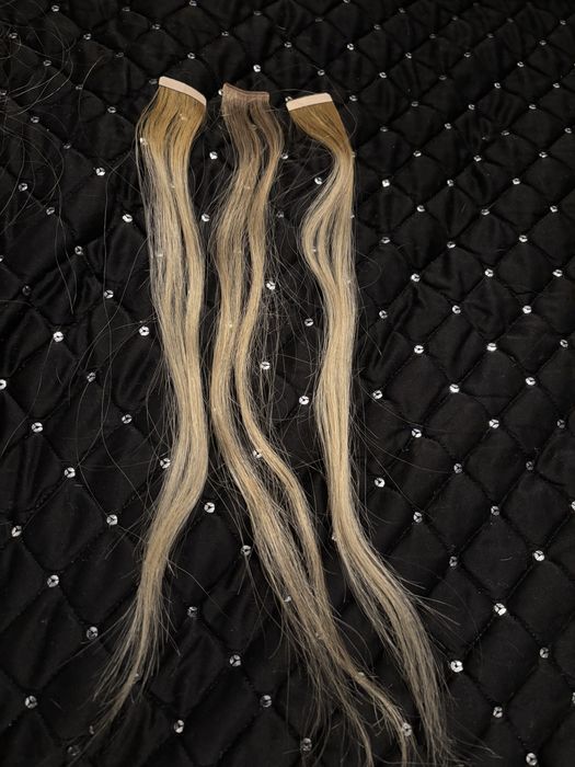 55 pasemek komplet włosy naturalne 45cm dł blond kanapka tape taśmy.