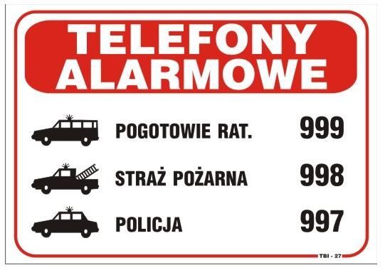 Tablica 25 x 17.5Cm Telefony Alarmowe