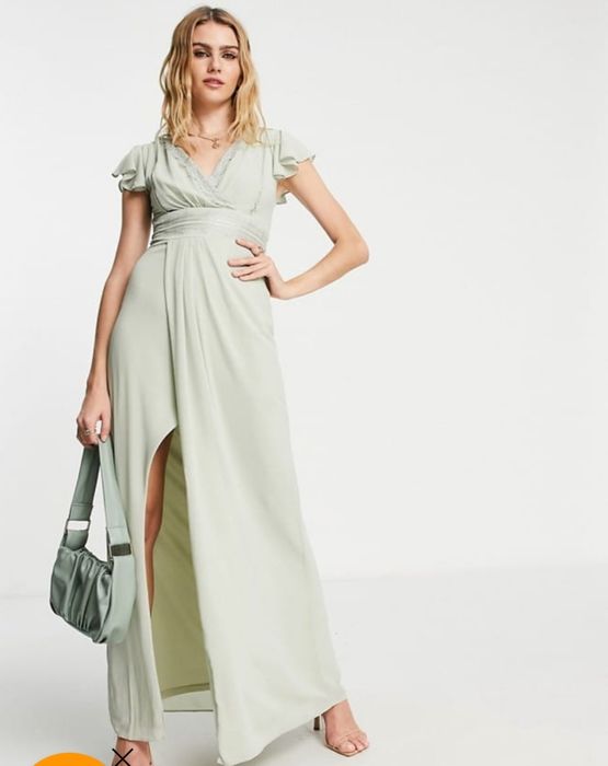 Sukienka szałwiowa długa wizytowa z rozcięciem