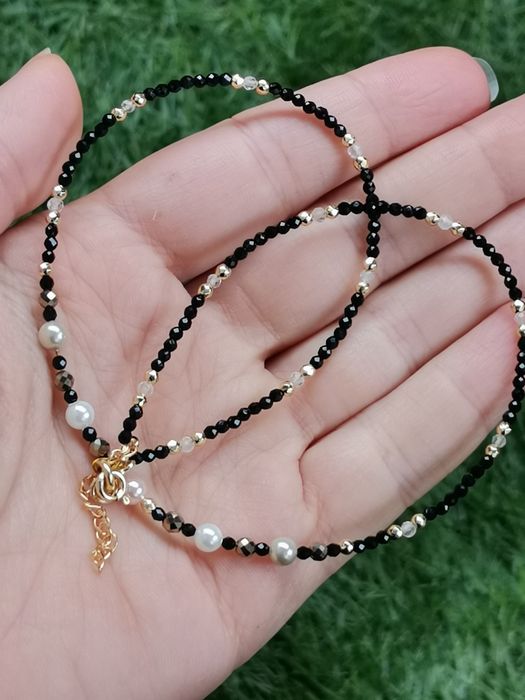 Naszyjnik choker na lince kryształ górski srebro 925 perły seashell