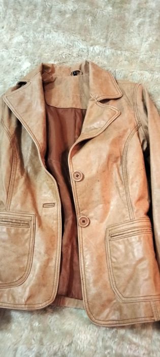 Casaco couro Quebramar camel cintado