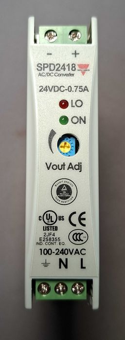 Fonte de alimentação 100-240VAC->24VDC 18W, tensão de saída ajustável e proteção de saída