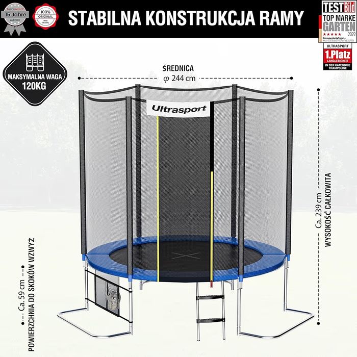 NOWA Trampolina Ogrodowa Ultrasport Jumper 251 cm z Siatką Niebieska