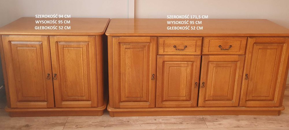 Meble salonowe dębowe ( witryna , dwie komody , stół i 4 krzesła)