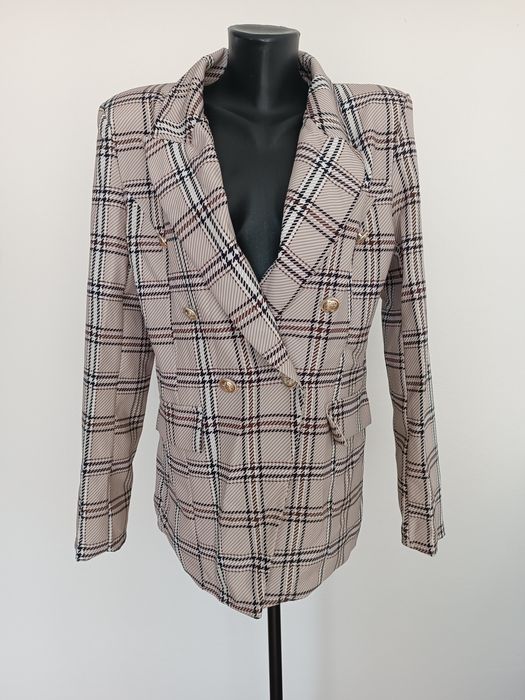 Beżowa marynarka L/40 z guzikami wiosenna w kratę oversize officesiren