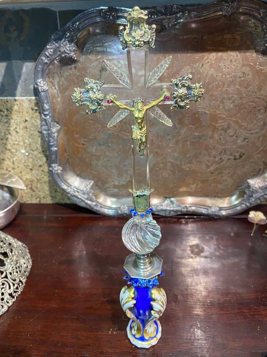 Crucifixo Cristal Cristo Ouro séc XVII 31 cm  Relicário Arte Sacra