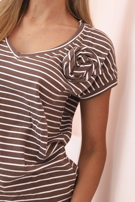 Bluzka damska brązowa w paski bawełniana dekolt V S–L