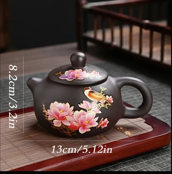 Глиняний чайник з птахом і квітами, або рибкою. Змінює колір, 200 мл.