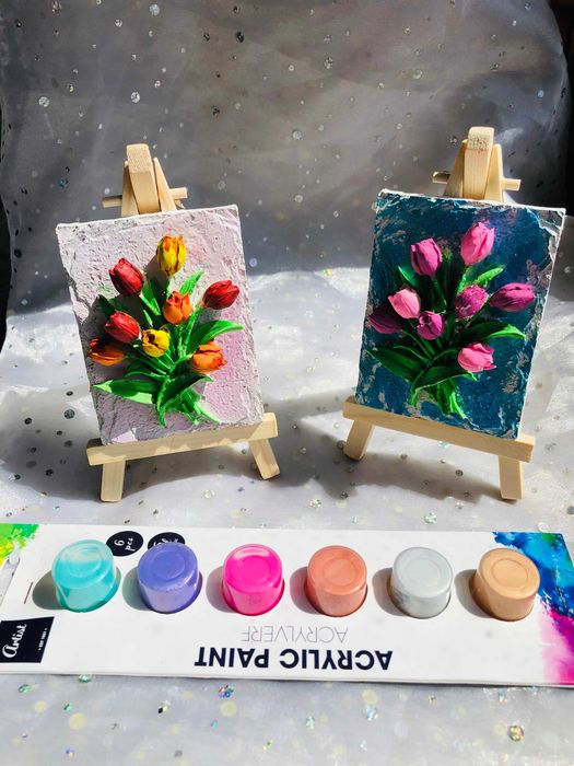 2 x Gipsowe tulipany na drewnianej sztaludze do pomalowania z farbkami
