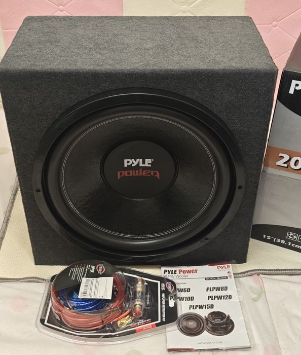 Subwoofer 15 polegadas com amplificador + cablagem, NOVO