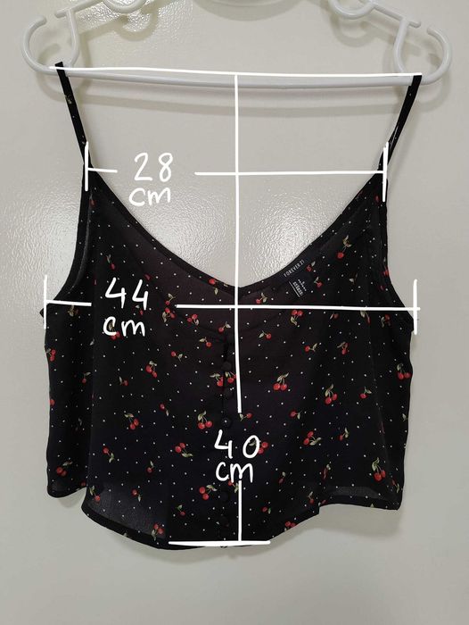 Top curto crop top preto padrão cerejas, - Forever21, S