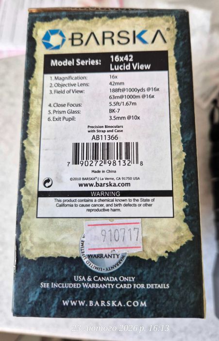 Бінокль  Barska Lucid View 16x42 Refurbished виробництво США,новий