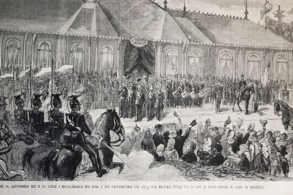ELVAS 1879 encontro Reis D Luís I e Alfonso XII de Espanha estampa