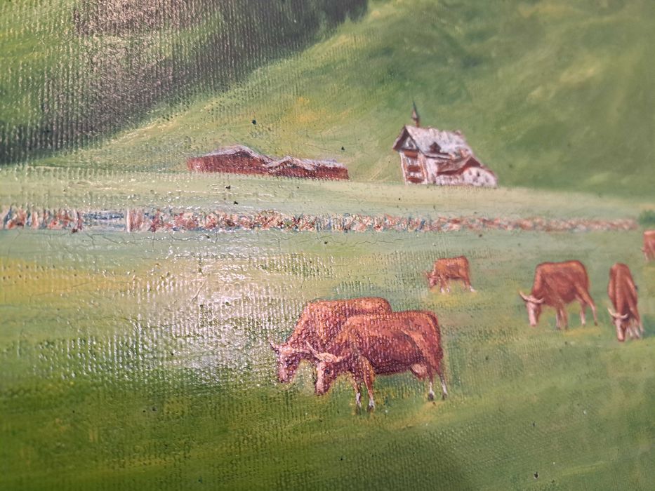 Stary obraz olejny Kurt Kottwitz pejzaż góry łąka krowy w ramie 86x116