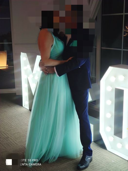 Suknia maxi, miętowa, koraliki, gipiura, wesele, ślub