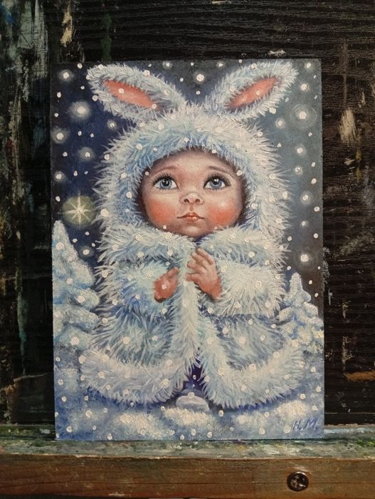 Картина «Маленьке диво» 13×18 см, мініатюра в рамці, ручна робота.