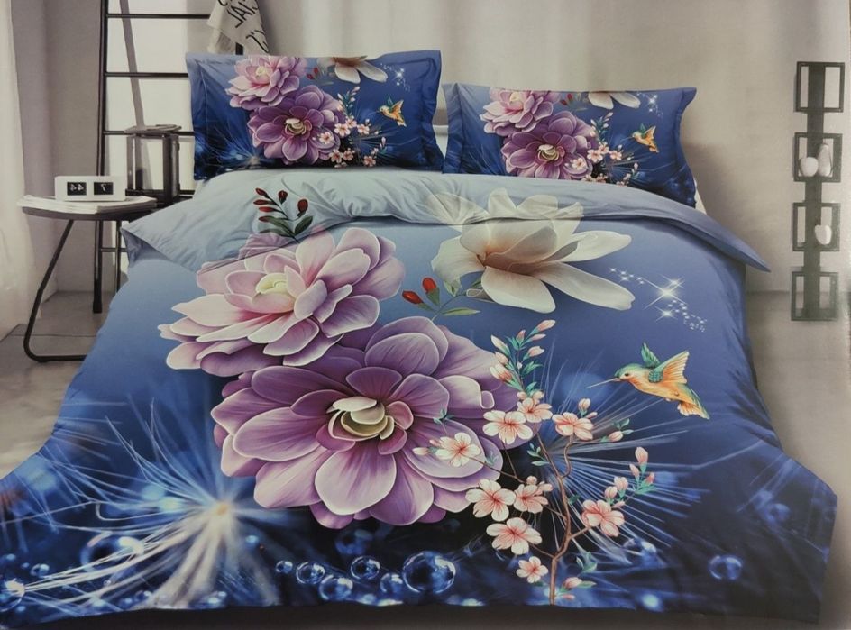 Komplet Pościeli Niebieska w Kwiaty 160x200cm, 4 częściowa