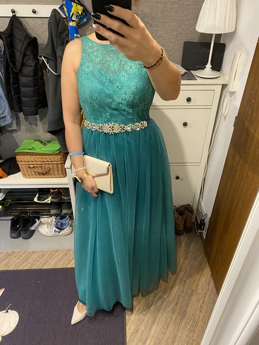 Suknia balowa zieleń tiul koronka kamienie