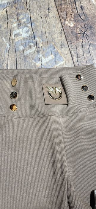 2 pary legginsy prążek beżowe brązowe ptaszki premium S