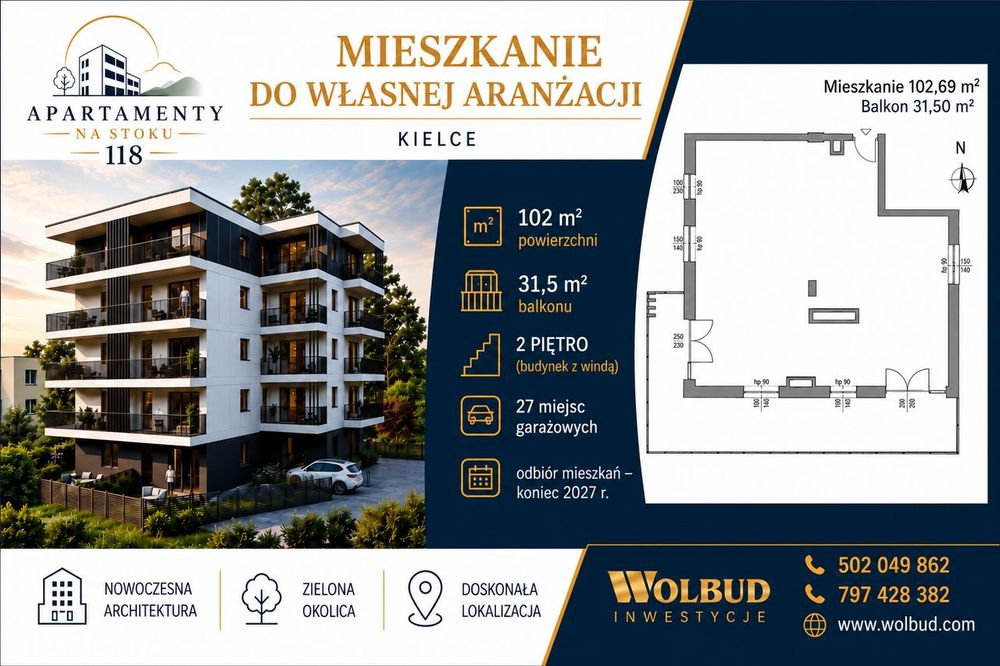 Apartament 102 m² z balkonem 31,5 m² – Na Stoku 118, Kielce