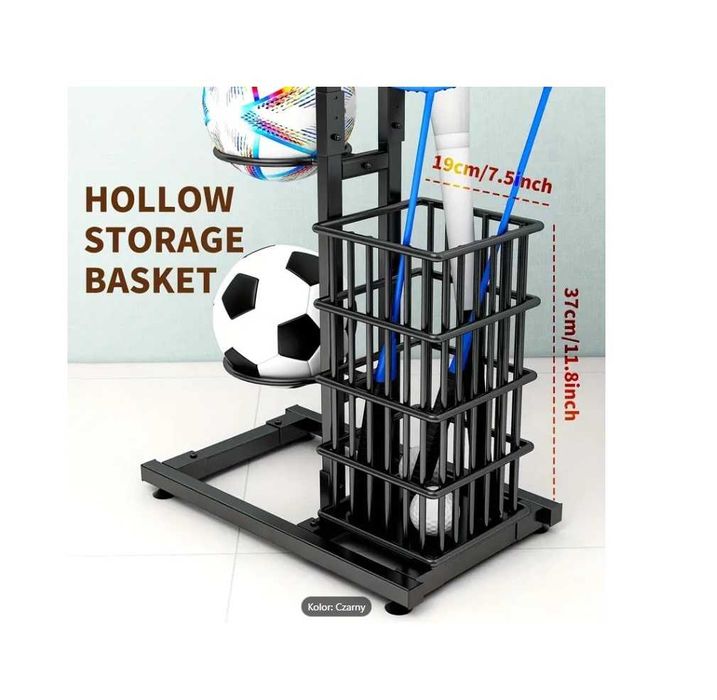 STOJAK NA 7 PIŁEK Z KOSZEM  Wielopoziomowy organizer art sportowy