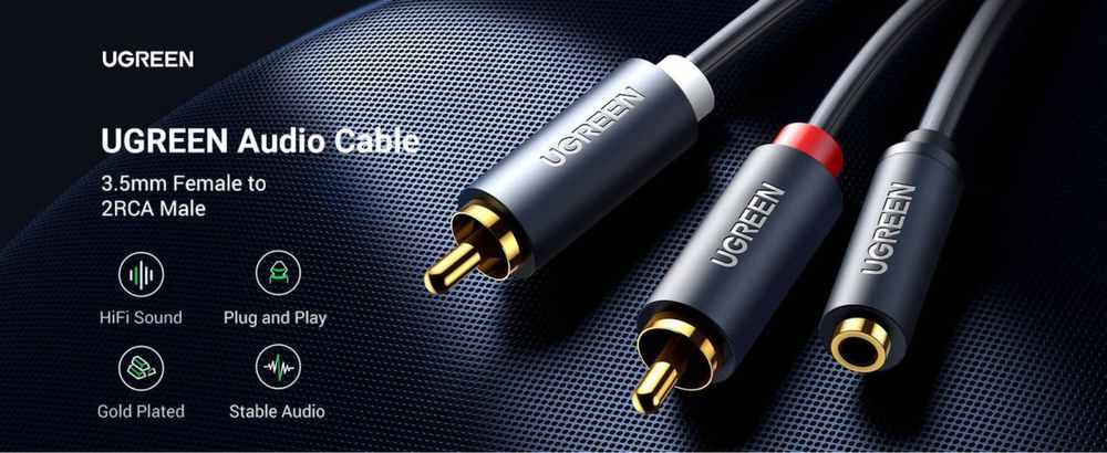 Аудіо кабель Ugreen 1 m 3.5mm aux на 2RCA тюльпани позолочені контакти