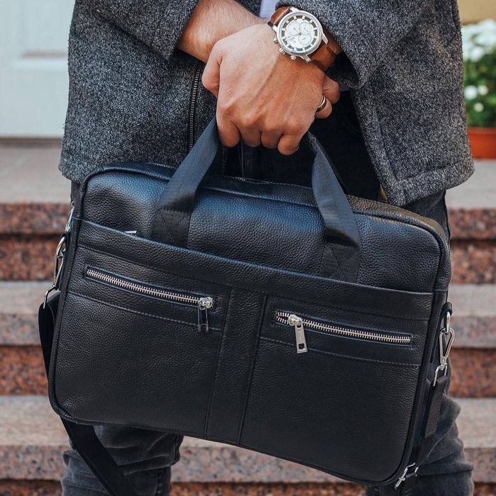 Портфель чоловічий шкіряний 39x29x7, офісна сумка для ноутбука та документів, чорна