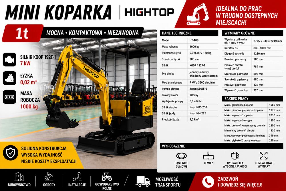 Mini koparka 1t Hightop gąsiennicowa dostawa jutro posiadam tez inne koparki 0.6t 0,8t 1.6t 1.8t 2t 2.5t itd cena na export w kraju +23% vat gwarancja