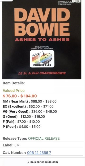 Promo David Bowie - Ashes to Ashes / Starman 7/45 Cadena Ser